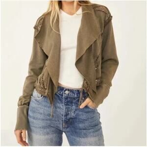 We the Free Lost Cause Front Tie Cropped Lace Cardigan Olive Green Jacket SZ S